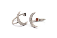 Silver Ring Settings, 2 Hammered Antique Silver Plated Brass Moon And Planet Ring With 1 Stone Setting - Pad Size 4mm N1151
