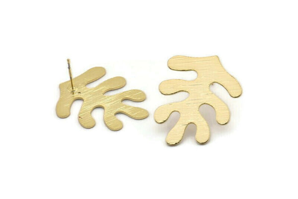 Gold Leaf Earring, 2 Textured Gold Plated Brass Leaf Stud Earrings (32x25x0.80mm) M488 A1617