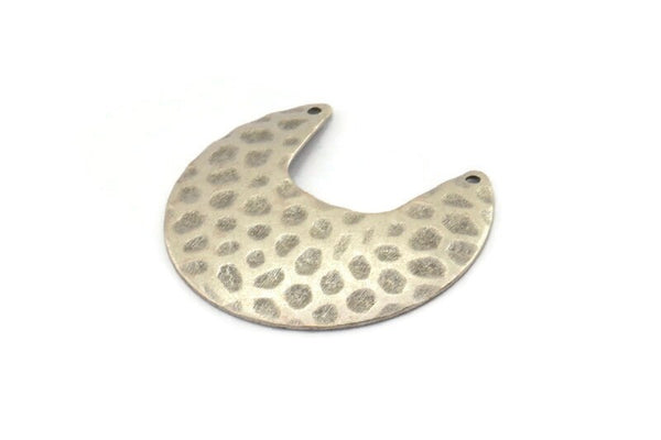 Silver Moon Charm, 4 Textured Antique Silver Plated Brass Moon Charms With 2 Holes (33x30x0.60mm) D0767