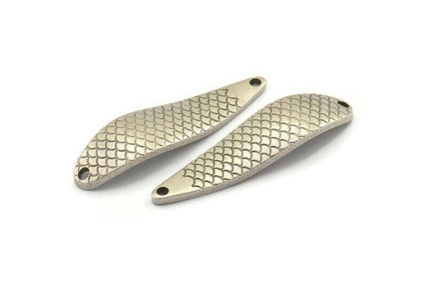 Silver Irregular Charm, 2 Antique Silver Plated Brass Fish Scale Marquise Connectors With 2 Hole, Findings (51x13x2mm) D1035