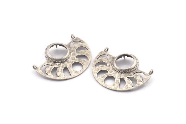 Moon Phases Pendant, 2 Antique Silver Plated Brass Semi Circle Pendants With 2 Loops and 1 Pad Setting (36x27.5x3x0.7mm) BS 1921 H1296