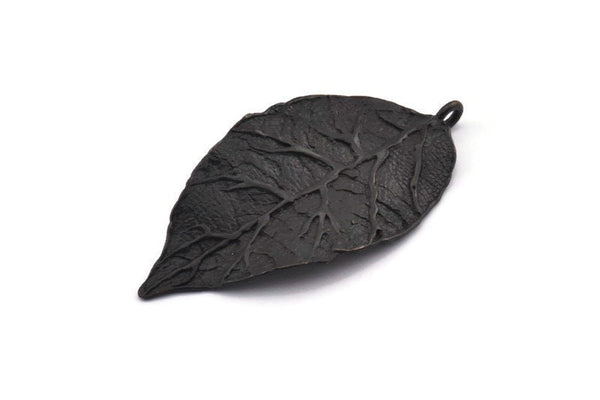 Black Leaf Charm, Oxidized Black Brass Leaf Charms With 1 Loop (60x30x1.4mm) E255
