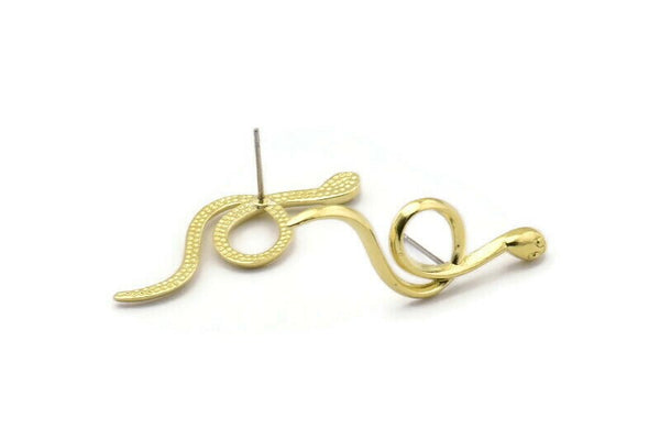 Brass Snake Earring, 4 Raw Brass Snake Stud Earrings (38x13x2mm) N1593
