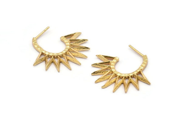 Gold Sun Earring, 2 Textured Gold Plated Brass Sunny Earrings (34x32x2mm) E245