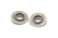 Silver Round Pendant, 2 Antique Silver Plated Brass Hammered Round Pendant With 15mm Stone Pad, Findings (30mm) E568