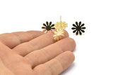 Gold Flower Earring, 4 Gold Plated Brass Flower Stud Earrings (15x0.80mm) A0964 A1328 Q1071