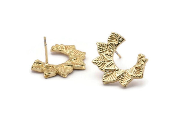 Gold Leaf Earring, 2 Gold Plated Brass Leaf Stud Earrings (17x21mm) N1046