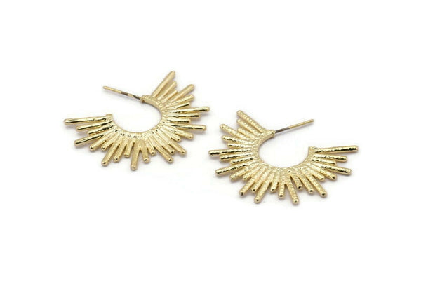 Gold Sun Earring, 2 Gold Plated Brass Sun Stud Earrings (38mm) N1470 Q1068