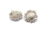 Silver Sunflower Earring, 2 Antique Silver Plated Brass Flower Stud Earrings (30mm) N0709