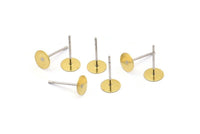 Stainless Steel Earring, 100 Stainless Steel Earring Posts With Raw Brass Flat Pad, Ear Studs (6mm) A0495