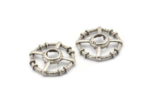 Silver Circle Charm, 2 Antique Silver Plated Brass Round Pendants - Pad Size 8mm (26x6x2mm) BS 1897