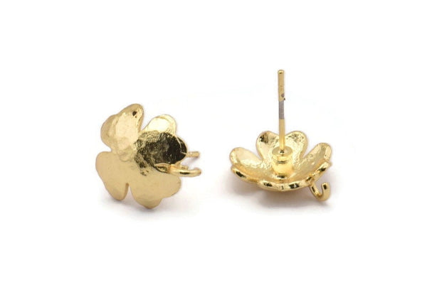 Gold Earring Post, 4 Gold Plated Brass Leaf Earring Posts With 1 Loop (14x12mm) BS 2438 Q1057