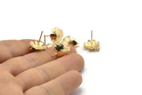 Gold Earring Post, 4 Gold Plated Brass Leaf Earring Posts With 1 Loop (14x12mm) BS 2438 Q1057