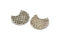Silver Moon Charm, 2 Textured Antique Silver Plated Brass Fish Scale Moon Pendants With 2 Loops (28x18mm) BS 2448