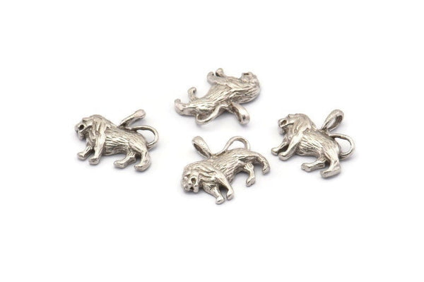 Silver Lion Charm, 6 Antique Silver Plated Brass Lion Charms With 1 Loop, Earrings, Findings (15.5x13.5x2.7mm) BS 2051