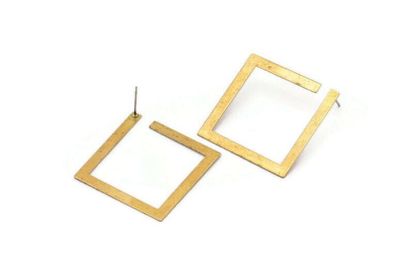 Brass Square Earring, 2 Raw Brass Square Earring Posts, Pendants, Findings (30x30x3x0.5mm) E326
