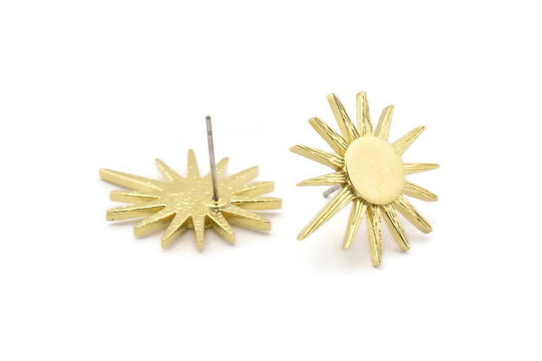 Brass Sun Earring, 2 Raw Brass Sun Stud Earrings (25x21x1.5mm) N1616