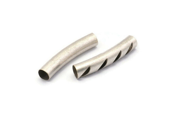 Silver Cutted Bead, 8 Antique Silver Plated Brass Cutted Large Curved Tubes (6x32mm) BS 2213