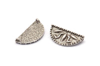 Silver Half Moon Pendant, 2 Antique Silver Plated Brass Semi Circle Pendants with 2 Loops (30x15mm) E665