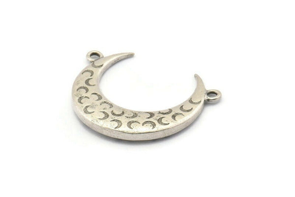 Silver Moon Charm, Antique Silver Plated Brass Textured Horn Charm With 2 Loops, Pendant, Findings (27x8x3.30mm) N0169