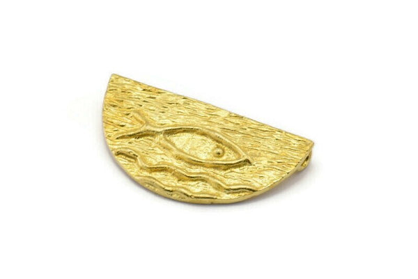 Brass Ethnic Pendant, 2 Raw Brass Semi Circle Fish Figure Pendants With 2 Loops (29x15mm) E671