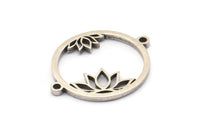 Silver Flower Charm, 4 Antique Silver Plated Brass Lotus Flower Connectors With 2 Loops, Pendants, Findings (28x22x1.5mm) N1377 H0957