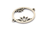 Silver Flower Charm, 4 Antique Silver Plated Brass Lotus Flower Connectors With 2 Loops, Pendants, Findings (28x22x1.5mm) N1377 H0957
