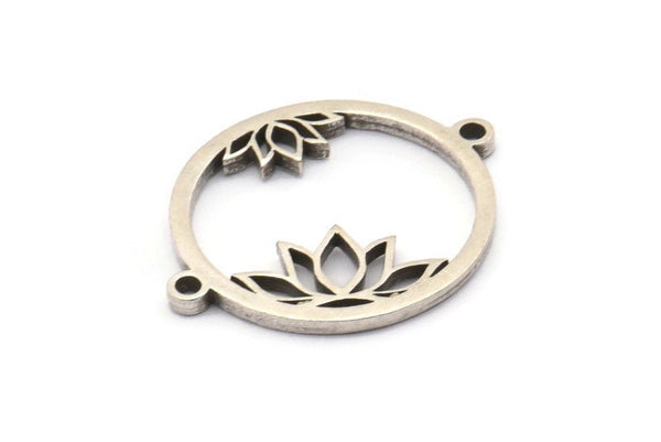Silver Flower Charm, 4 Antique Silver Plated Brass Lotus Flower Connectors With 2 Loops, Pendants, Findings (28x22x1.5mm) N1377 H0957