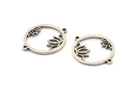 Silver Flower Charm, 4 Antique Silver Plated Brass Lotus Flower Connectors With 2 Loops, Pendants, Findings (28x22x1.5mm) N1377 H0957