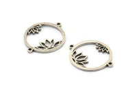 Silver Flower Charm, 4 Antique Silver Plated Brass Lotus Flower Connectors With 2 Loops, Pendants, Findings (28x22x1.5mm) N1377 H0957