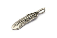 Feather Necklace Finding, 2 Antique Silver Plated Brass Feather Charms, Feather Pendants (54x14mm) N0174