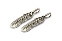 Feather Necklace Finding, 2 Antique Silver Plated Brass Feather Charms, Feather Pendants (54x14mm) N0174