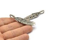 Feather Necklace Finding, 2 Antique Silver Plated Brass Feather Charms, Feather Pendants (54x14mm) N0174