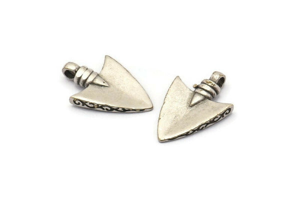 Silver Spike Head, 4 Antique Silver Plated Brass Stone Age Spike Head Pendants With 1 Loop (23x15mm) N0259