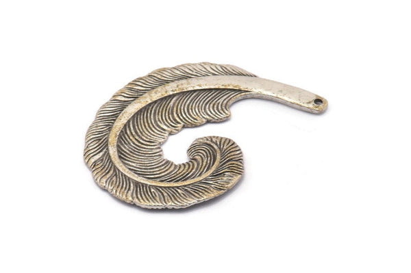 Silver Feather Charms, 2 Antique Silver Plated Brass Feather Charms With 1 Hole, Feather Pendants (38x32mm) N0184