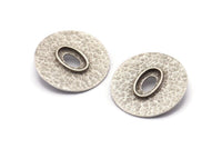 Silver Round Pendant, Antique Silver Plated Brass Hammered Round Pendant With 13x8mm Stone Pad, Findings (30mm) E584