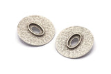 Silver Round Pendant, Antique Silver Plated Brass Hammered Round Pendant With 13x8mm Stone Pad, Findings (30mm) E584