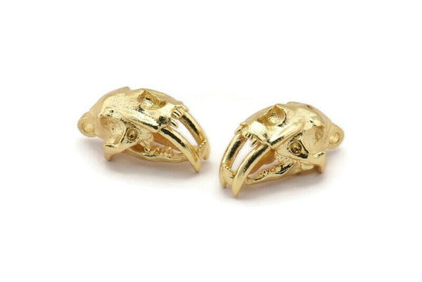 Sabre Tooth Cat, Gold Plated Brass Sabre Tooth Cat Skull Pendant, (21x11x12mm) N0485 Q0137