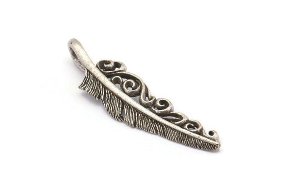 Feather Necklace Supply, 2 Antique Silver Plated Brass Feather Charms, Feather Pendants (46x11mm) N0176