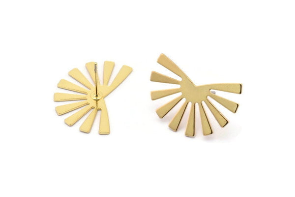 Gold Sun Earring, 4 Gold Plated Brass Rising Sun Flag Stud Earrings (25x17x0.60mm) D945 A1244 Q0487
