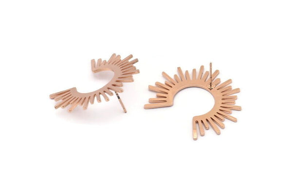 Rose Gold Sun Earring, 2 Rose Gold Plated Brass Sun Stud Earrings (34x30x1mm) D1345 Q0361