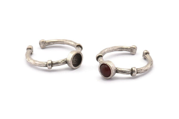 Silver Ring Settings, 3 Antique Silver Plated Brass Round Ring With 1 Stone Setting - Pad Size 5mm N1553