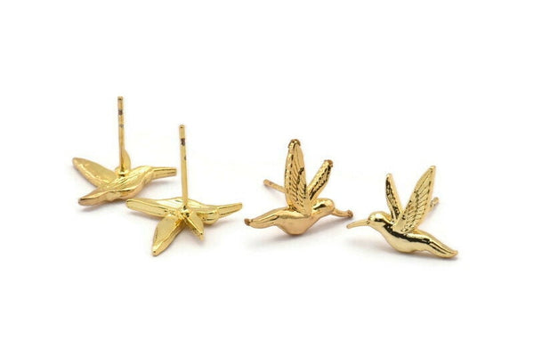 Gold Bird Earring, 6 Gold Plated Brass Bird Stud Earrings (15x13mm) N1001 Q0968