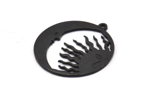 Moon and Sun, 2 Oxidized Black Brass, Black Moon, Black Sun, Black Pendant, Oxidized Black Brass Charm With 1 Loop (32x29x1.2mm) N1354 H1307