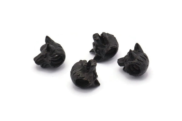 Black Wolf Beads, 5 Oxidized Black Brass Wolf Bracelet Parts (11x10mm) N0377 S1194