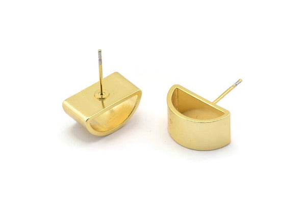 Gold Half Moon, 2 Gold Plated Brass Semi Circle Thick Cut Stud Earrings, Jewelry Finding (8x16x0.8x0.8mm) D0143 A1204 Q0848