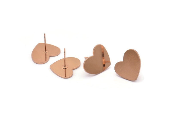 Rose Gold Heart Earring, 4 Rose Gold Plated Brass Heart Stud Earrings (16x14x1mm) M848 A2143