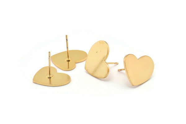 Gold Heart Earring, 4 Gold Plated Brass Heart Stud Earrings (16x14x1mm) M848 A2143