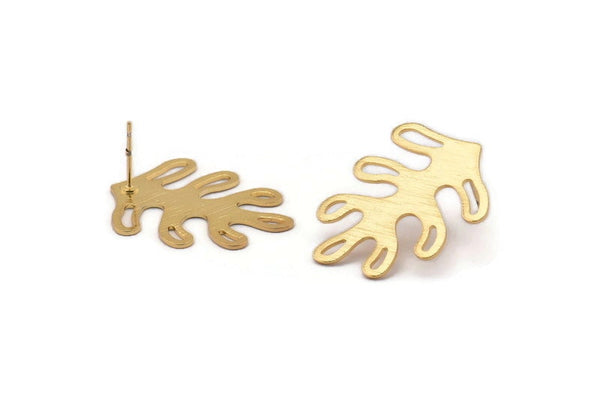 Gold Leaf Earring, 2 Textured Gold Plated Brass Leaf Stud Earrings (32x25x0.80mm) M486 A2187