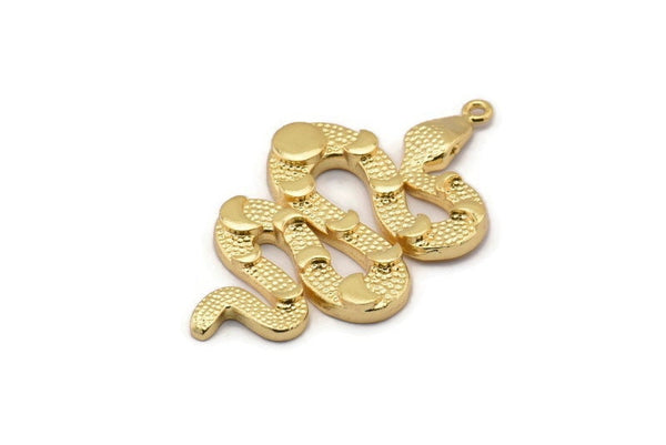 Gold Snake Charm, Gold Plated Brass Snake And Moon Phases Pendant With 1 Loop, Charms, Findings (47x27x3mm) N1605